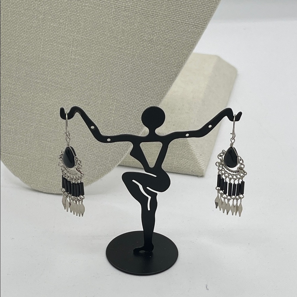 3.30.26-7 Leaver back Black & Silvertone Dangle Earrings